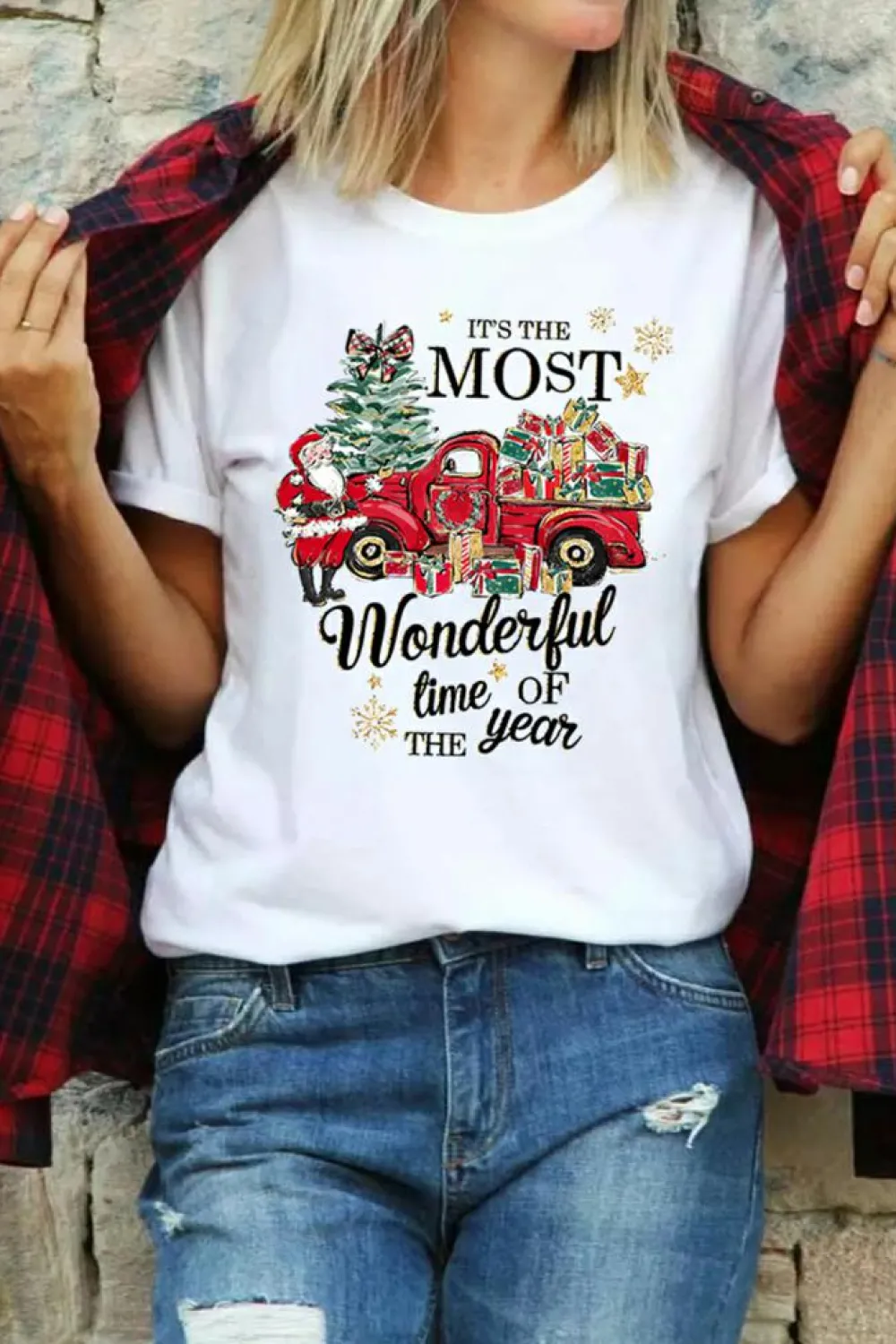 Discount Dear-Lover Christmas Pattern Slogan Print Crew Neck T Shirt White