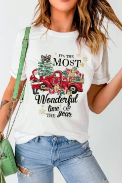 Discount Dear-Lover Christmas Pattern Slogan Print Crew Neck T Shirt White