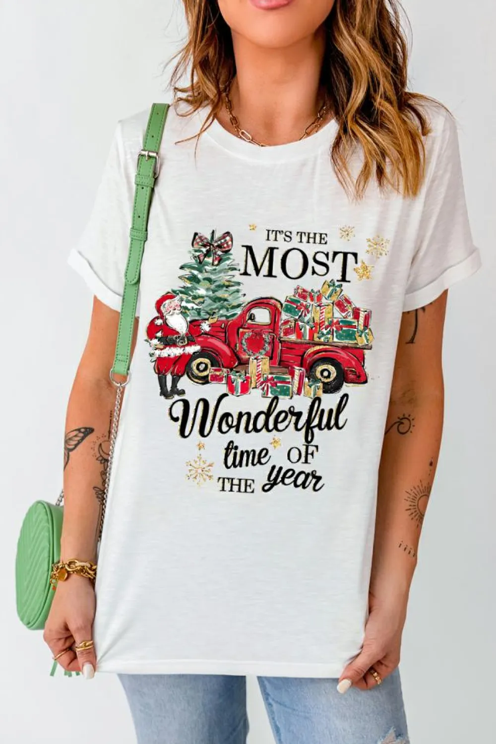 Discount Dear-Lover Christmas Pattern Slogan Print Crew Neck T Shirt White