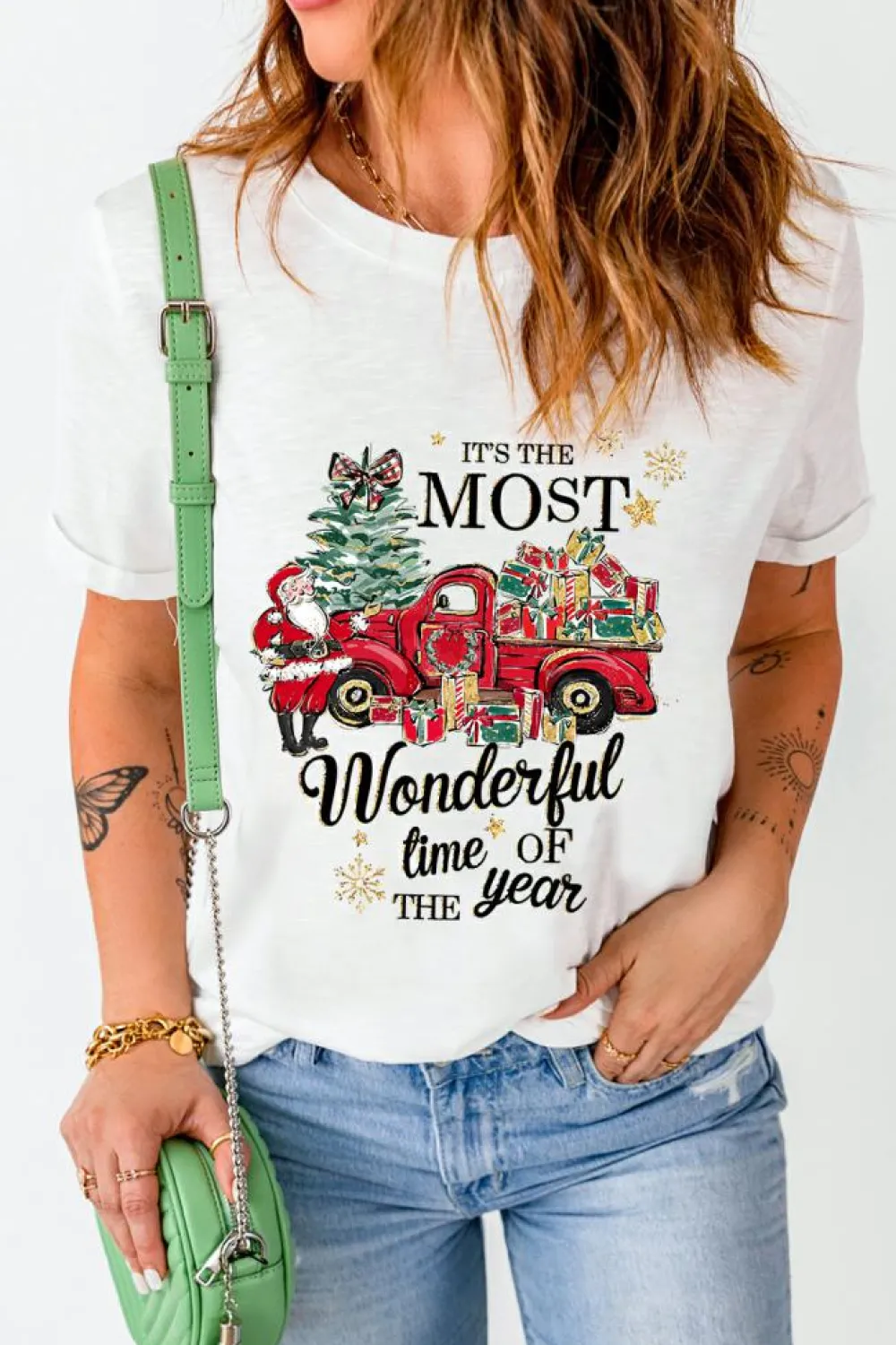 Discount Dear-Lover Christmas Pattern Slogan Print Crew Neck T Shirt White