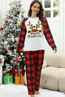 Hot Dear-Lover Christmas Plaid Reindeer Graphic Long Sleeve Lounge Set White