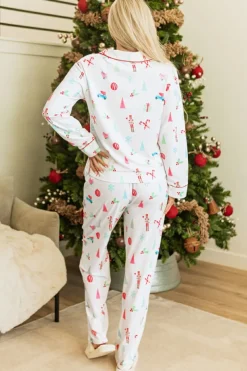 Outlet Dear-Lover Christmas Print Lapel Shirt and Pants Sleepwear White