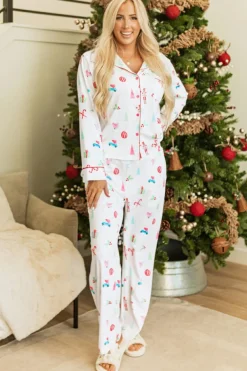 Outlet Dear-Lover Christmas Print Lapel Shirt and Pants Sleepwear White