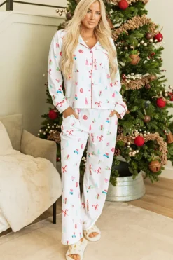 Outlet Dear-Lover Christmas Print Lapel Shirt and Pants Sleepwear White
