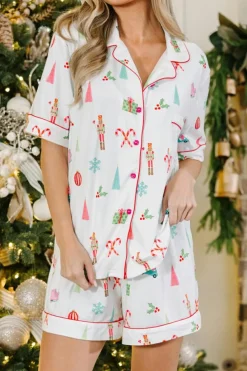 Best Dear-Lover Christmas Print Short Sleeve Shirt and Shorts Pajama Set White
