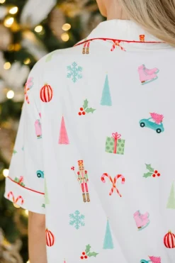 Best Dear-Lover Christmas Print Short Sleeve Shirt and Shorts Pajama Set White