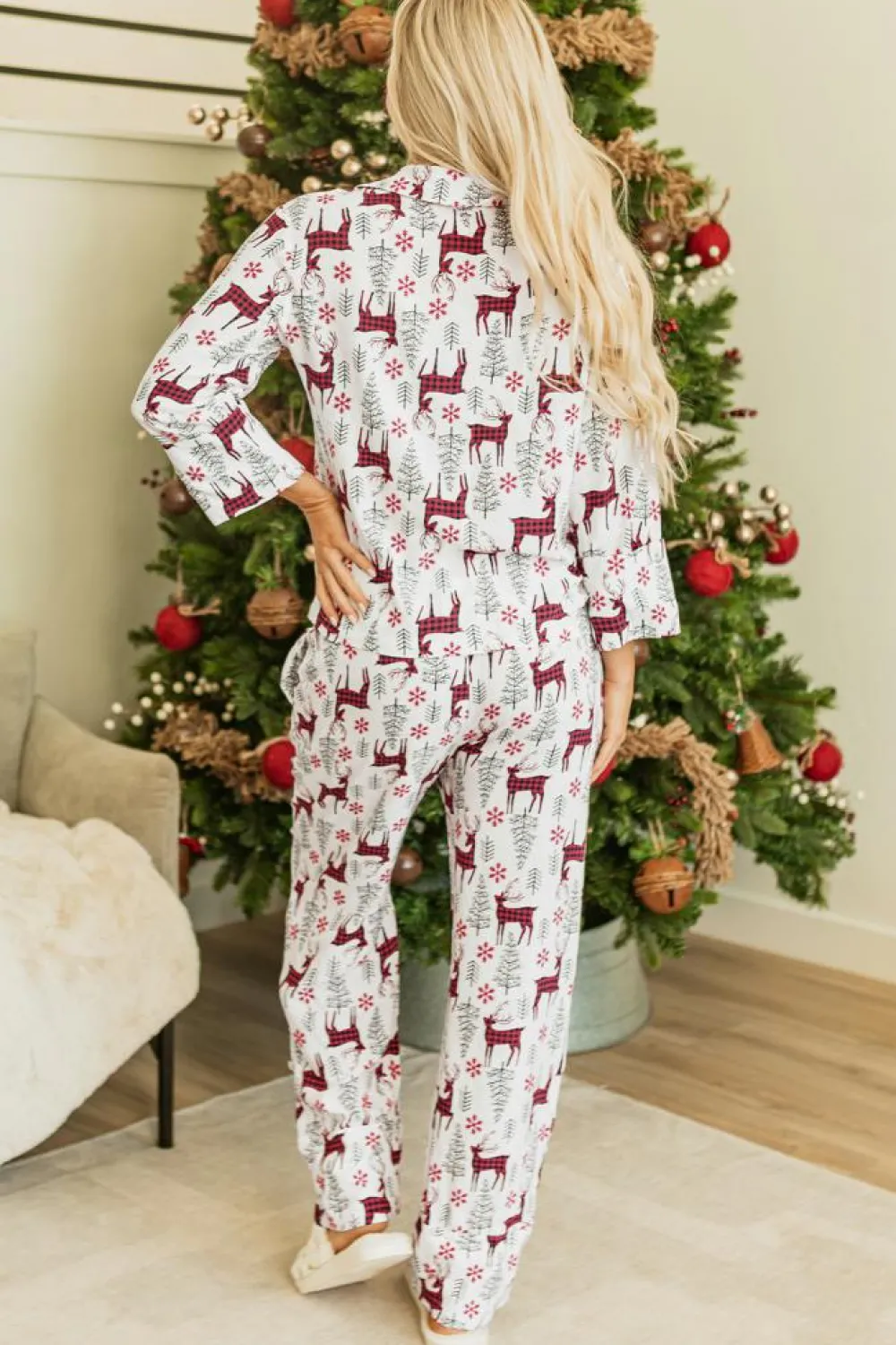 Sale Dear-Lover Christmas Printed Shirt and Pants Pajama Set White