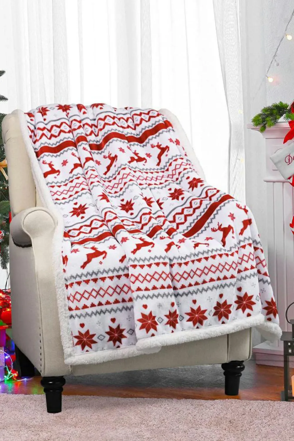 Hot Dear-Lover Christmas Reindeer Snowflake Printed Sherpa Blanket White