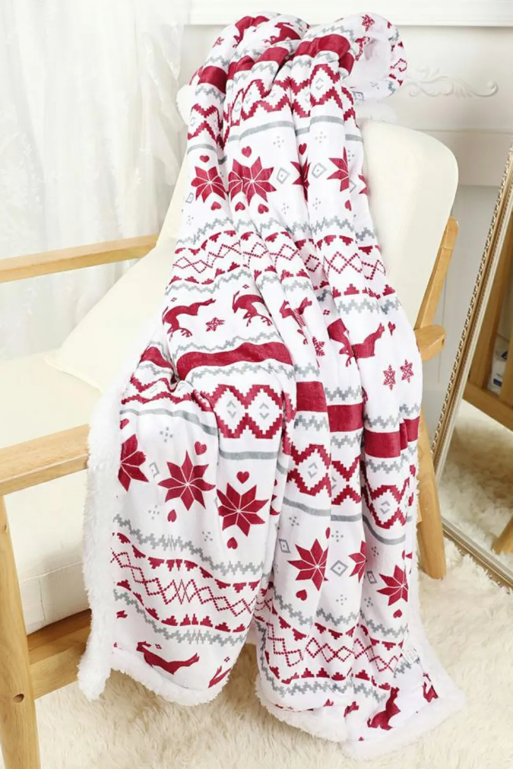 Hot Dear-Lover Christmas Reindeer Snowflake Printed Sherpa Blanket White