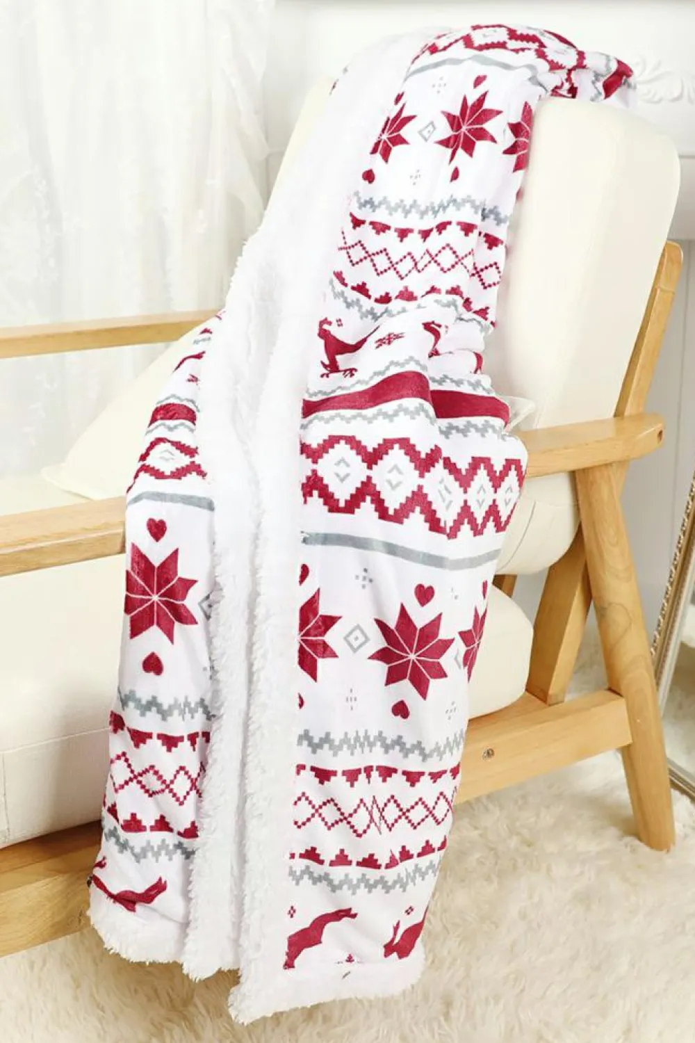 Hot Dear-Lover Christmas Reindeer Snowflake Printed Sherpa Blanket White