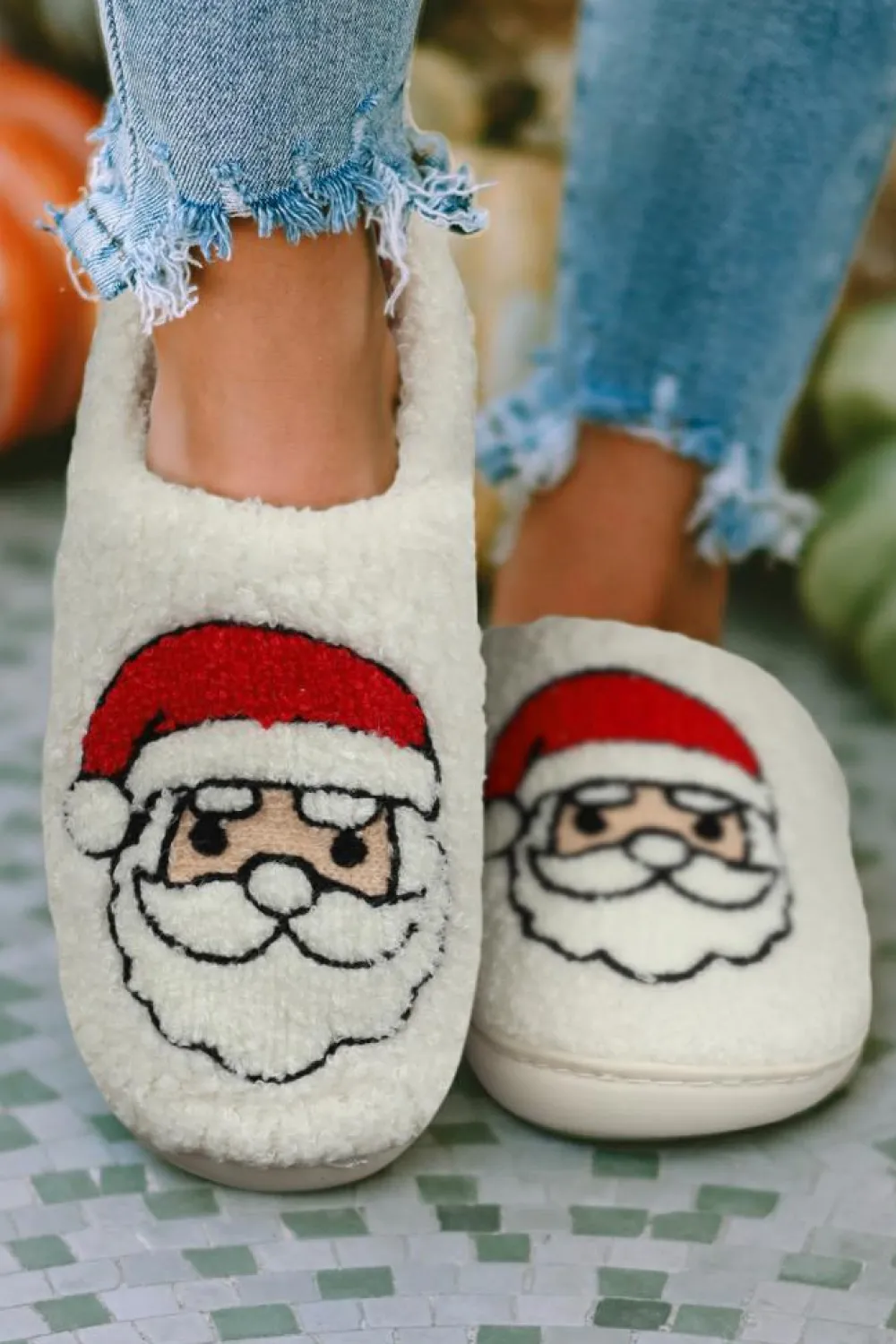 Outlet Dear-Lover Christmas Santa Clause Graphic Plush Slippers White