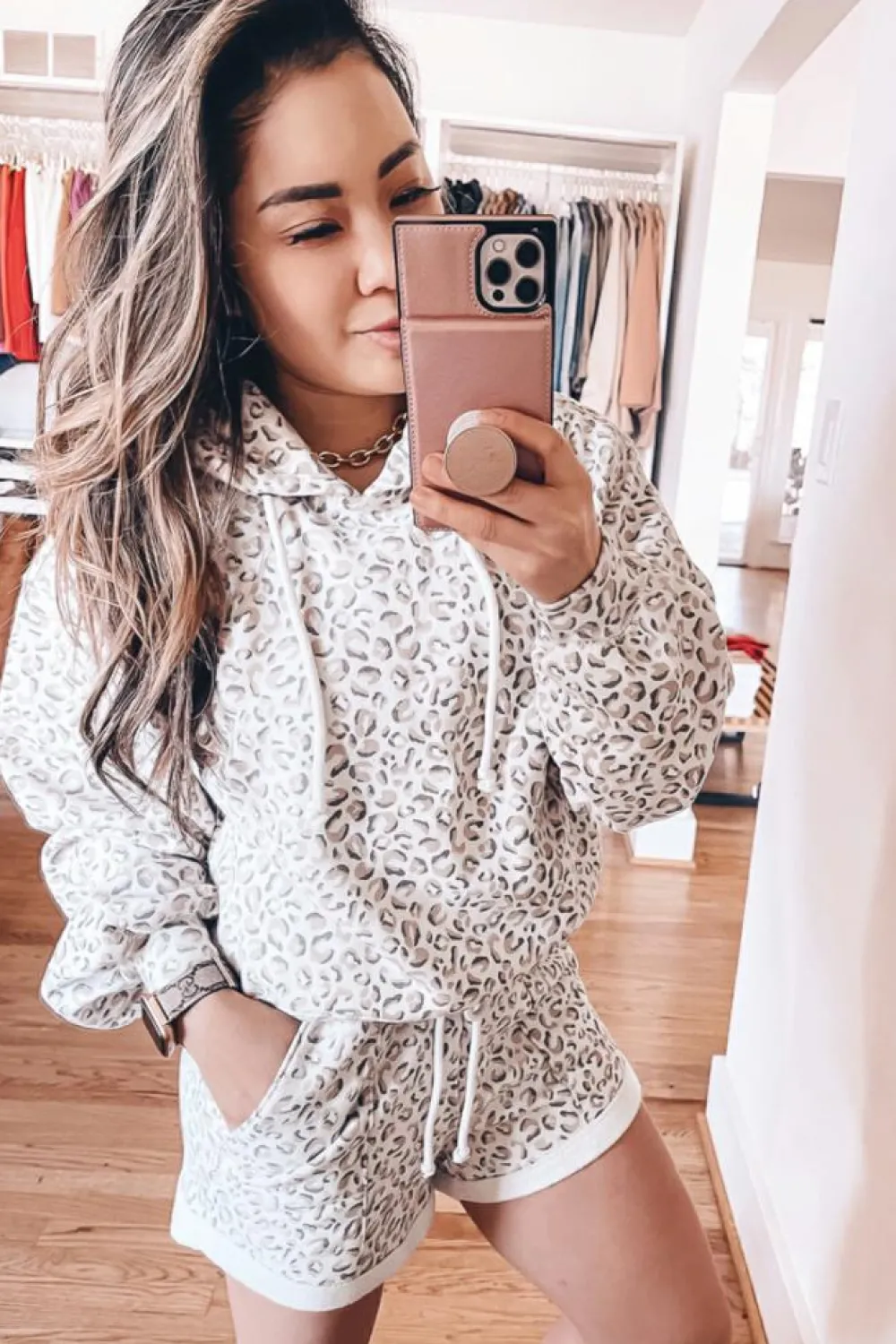 Fashion Dear-Lover Classic Leopard Hoodie and Shorts Set White