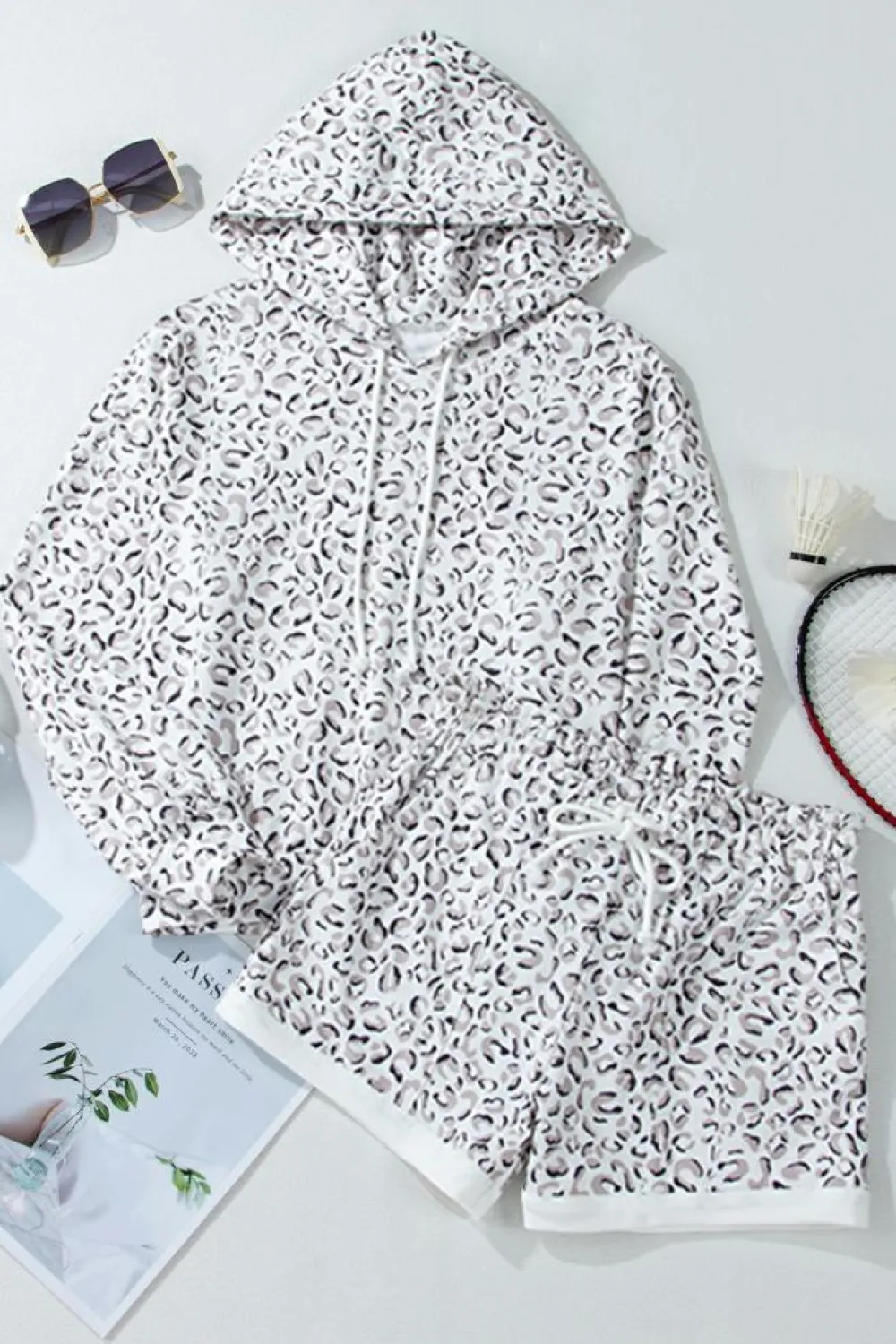 Fashion Dear-Lover Classic Leopard Hoodie and Shorts Set White