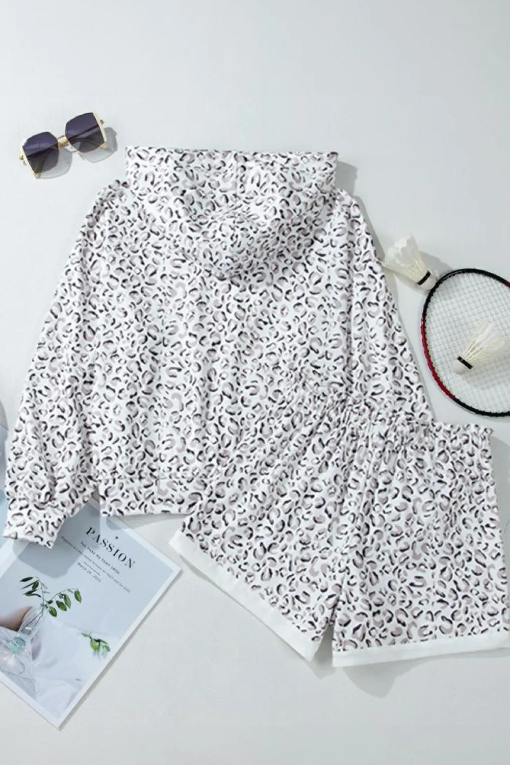 Fashion Dear-Lover Classic Leopard Hoodie and Shorts Set White