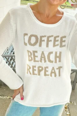 Clearance Dear-Lover COFFEE BEACH REPEAT Graphic Sweater White