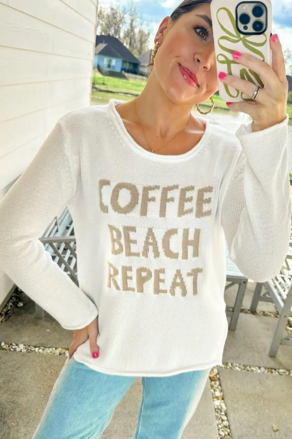 Clearance Dear-Lover COFFEE BEACH REPEAT Graphic Sweater White