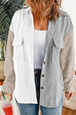 Hot Dear-Lover Color Block Button Shirt with Pocket White