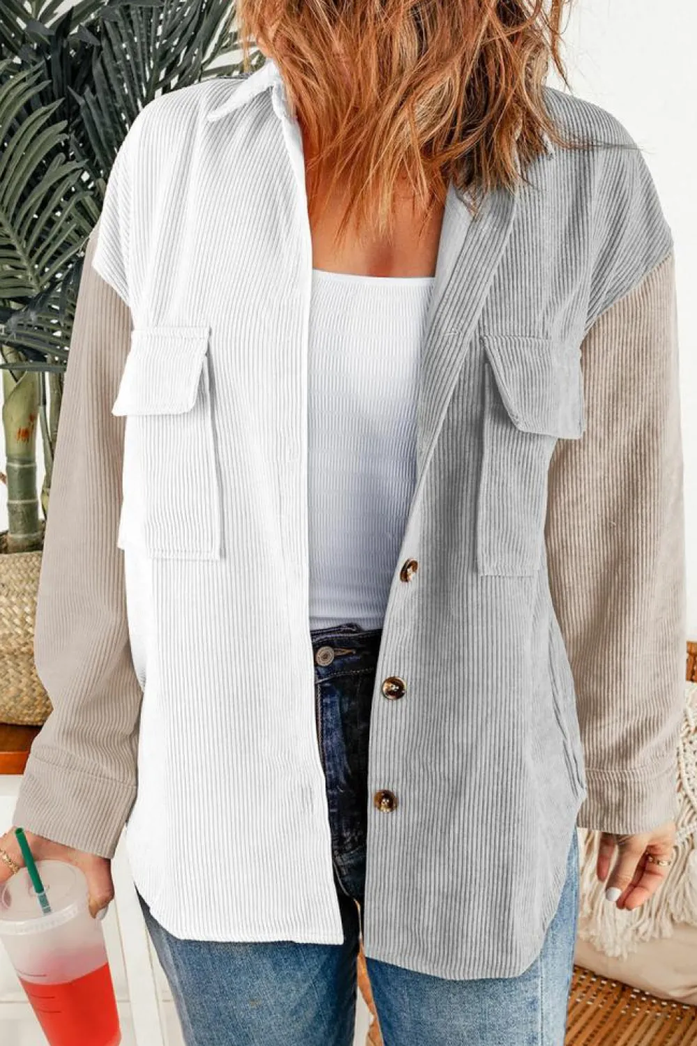 Hot Dear-Lover Color Block Button Shirt with Pocket White