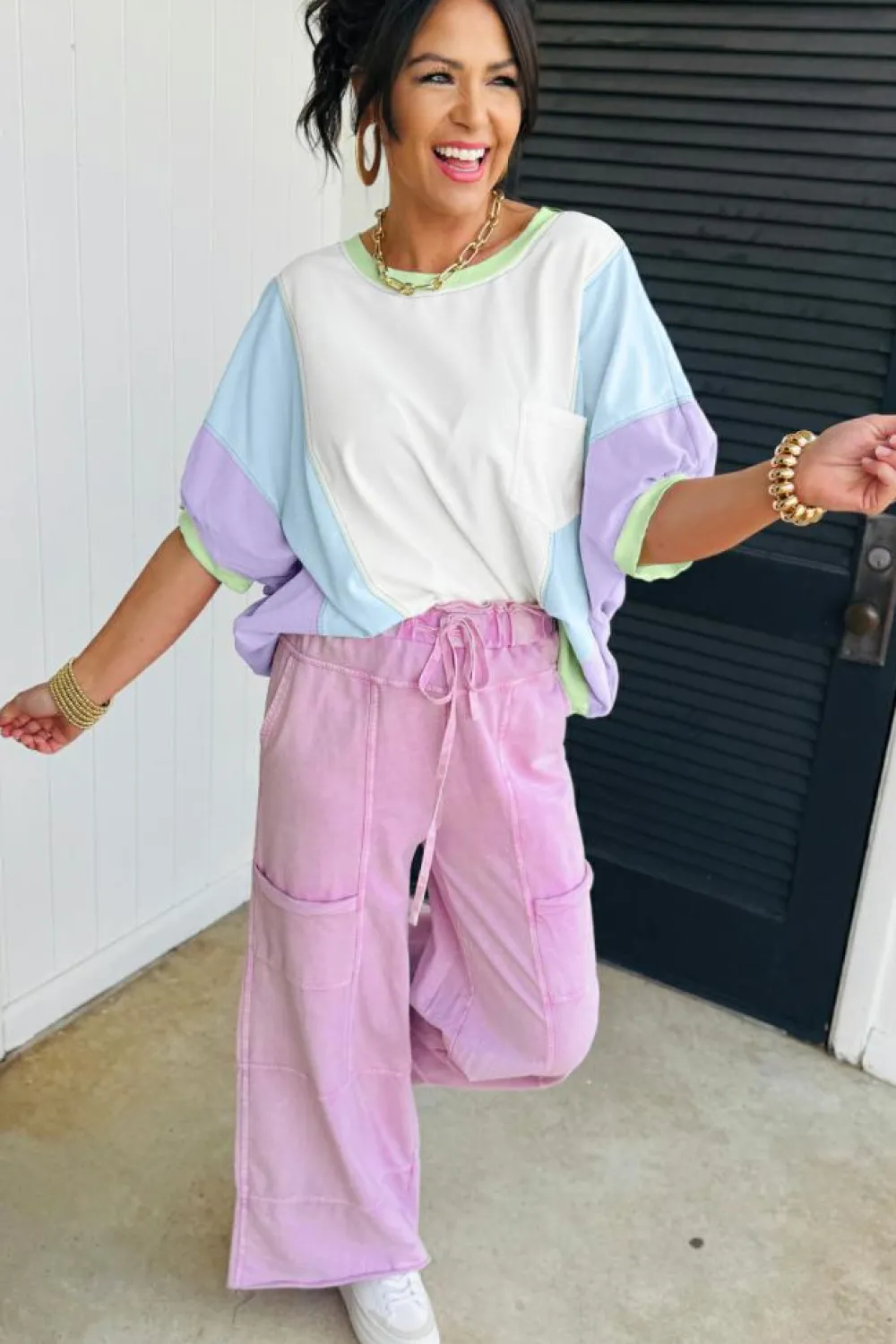 Sale Dear-Lover Color Block Patchwork Half Sleeve Oversized T Shirt White