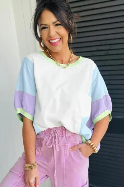 Sale Dear-Lover Color Block Patchwork Half Sleeve Oversized T Shirt White