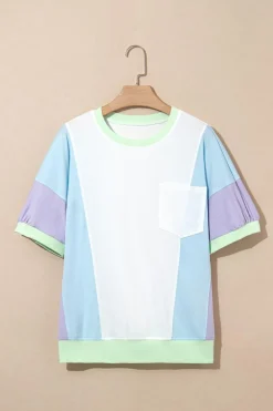Sale Dear-Lover Color Block Patchwork Half Sleeve Oversized T Shirt White