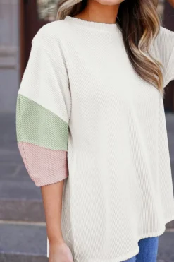 Discount Dear-Lover Color Block Ribbed Knit Quarter Sleeve Top White