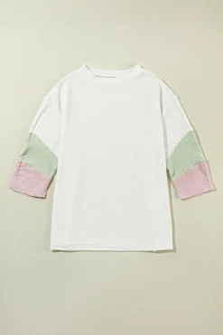 Discount Dear-Lover Color Block Ribbed Knit Quarter Sleeve Top White