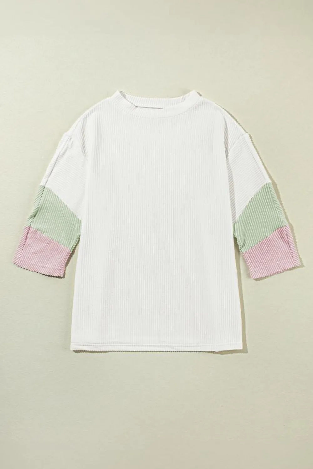 Discount Dear-Lover Color Block Ribbed Knit Quarter Sleeve Top White