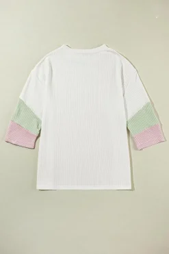 Discount Dear-Lover Color Block Ribbed Knit Quarter Sleeve Top White