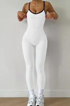 Best Dear-Lover Color Contrast Criss Cross Backless Sports Jumpsuit White