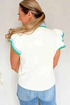 Clearance Dear-Lover Color Contrast Ruffled Sleeve Collared V Neck Blouse White