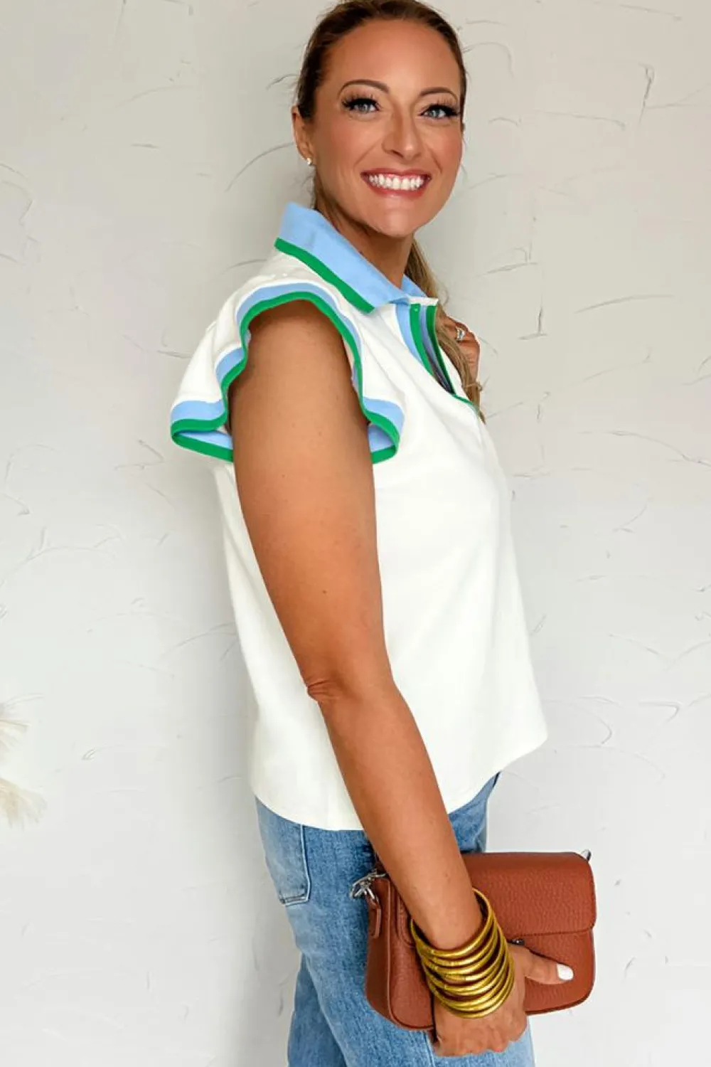 Clearance Dear-Lover Color Contrast Ruffled Sleeve Collared V Neck Blouse White