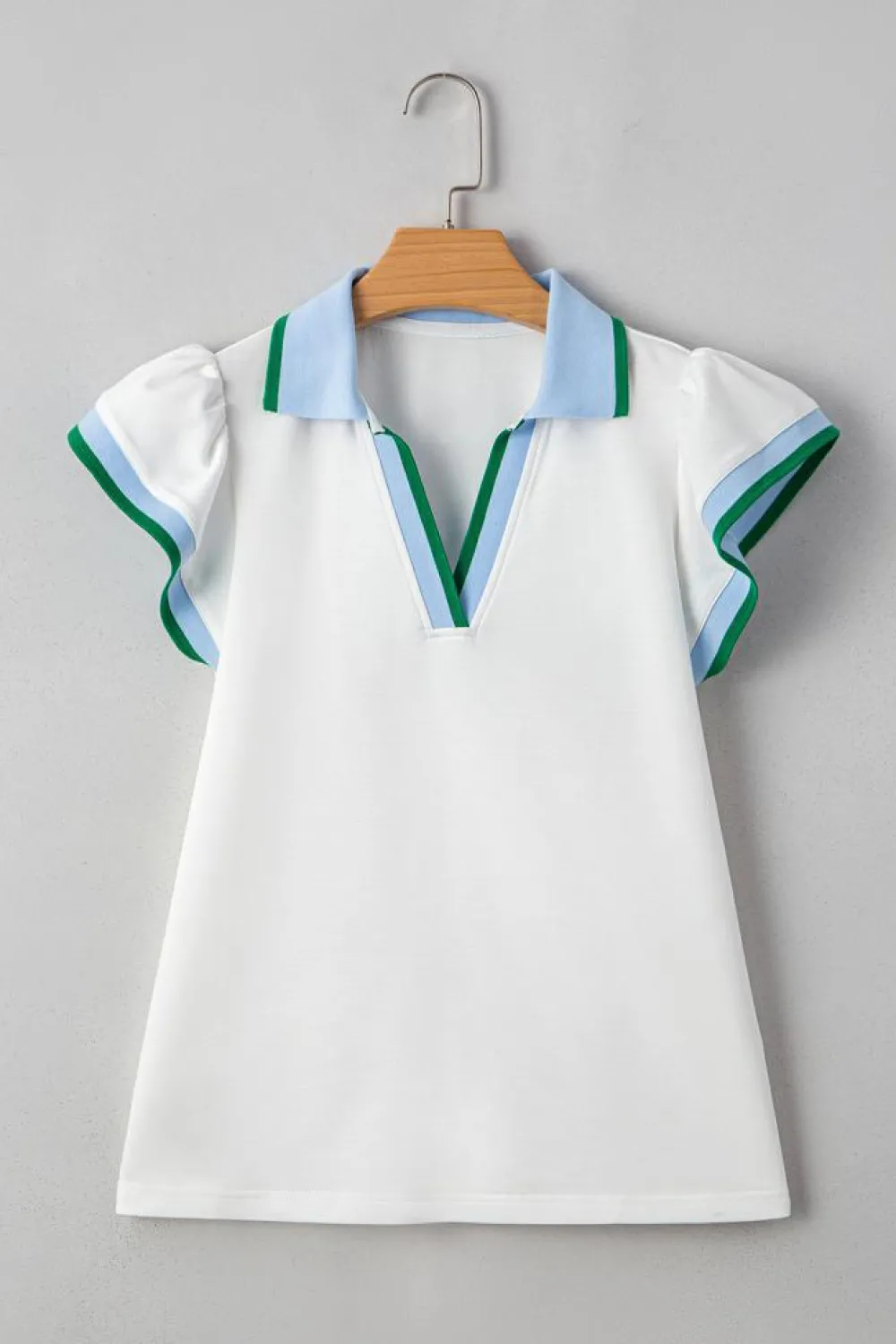 Clearance Dear-Lover Color Contrast Ruffled Sleeve Collared V Neck Blouse White
