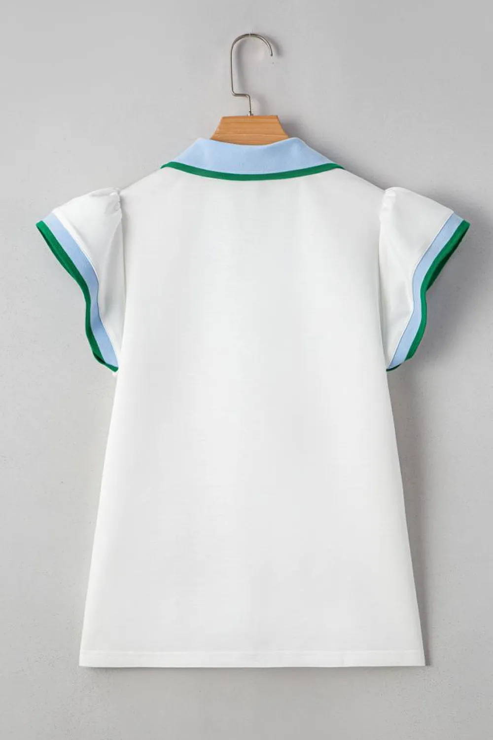 Clearance Dear-Lover Color Contrast Ruffled Sleeve Collared V Neck Blouse White