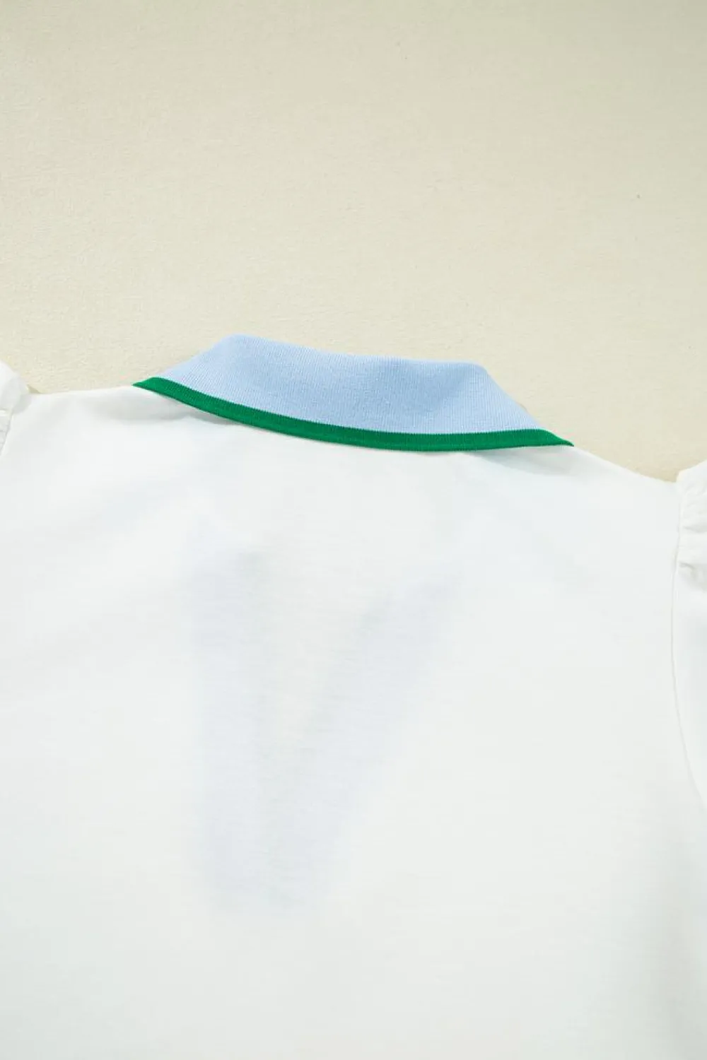 Clearance Dear-Lover Color Contrast Ruffled Sleeve Collared V Neck Blouse White