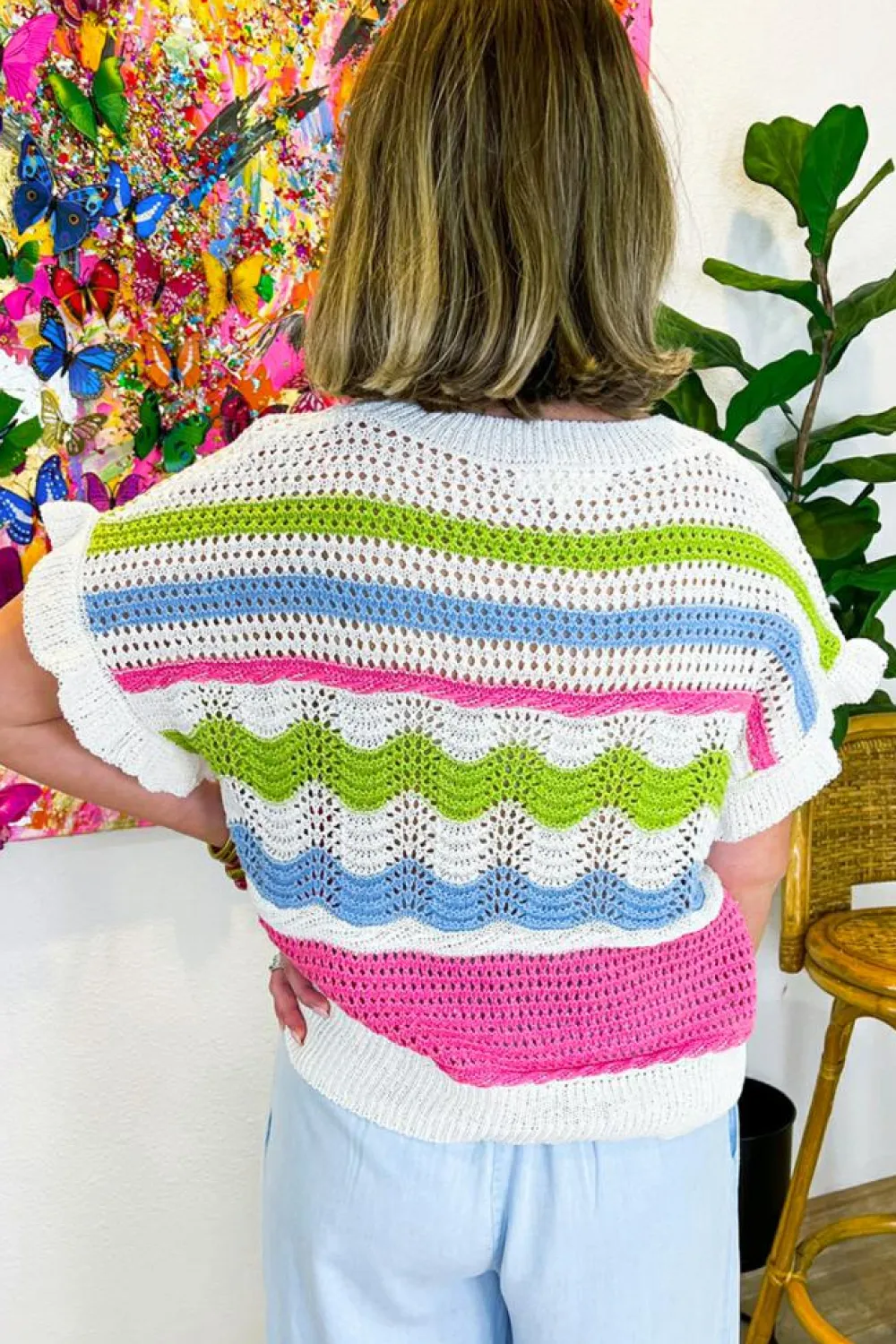Clearance Dear-Lover Colorblock Crochet Knit Ruffled Short Sleeve Sweater Top White
