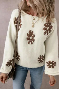 Outlet Dear-Lover Colorblock Floral Pattern Round Neck Sweater White