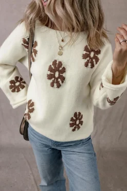Outlet Dear-Lover Colorblock Floral Pattern Round Neck Sweater White