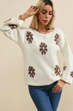 Outlet Dear-Lover Colorblock Floral Pattern Round Neck Sweater White