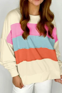 Hot Dear-Lover Colorblock Patchwork Crewneck Drop Shoulder Sweatshirt White