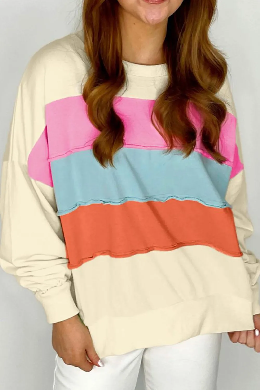 Hot Dear-Lover Colorblock Patchwork Crewneck Drop Shoulder Sweatshirt White