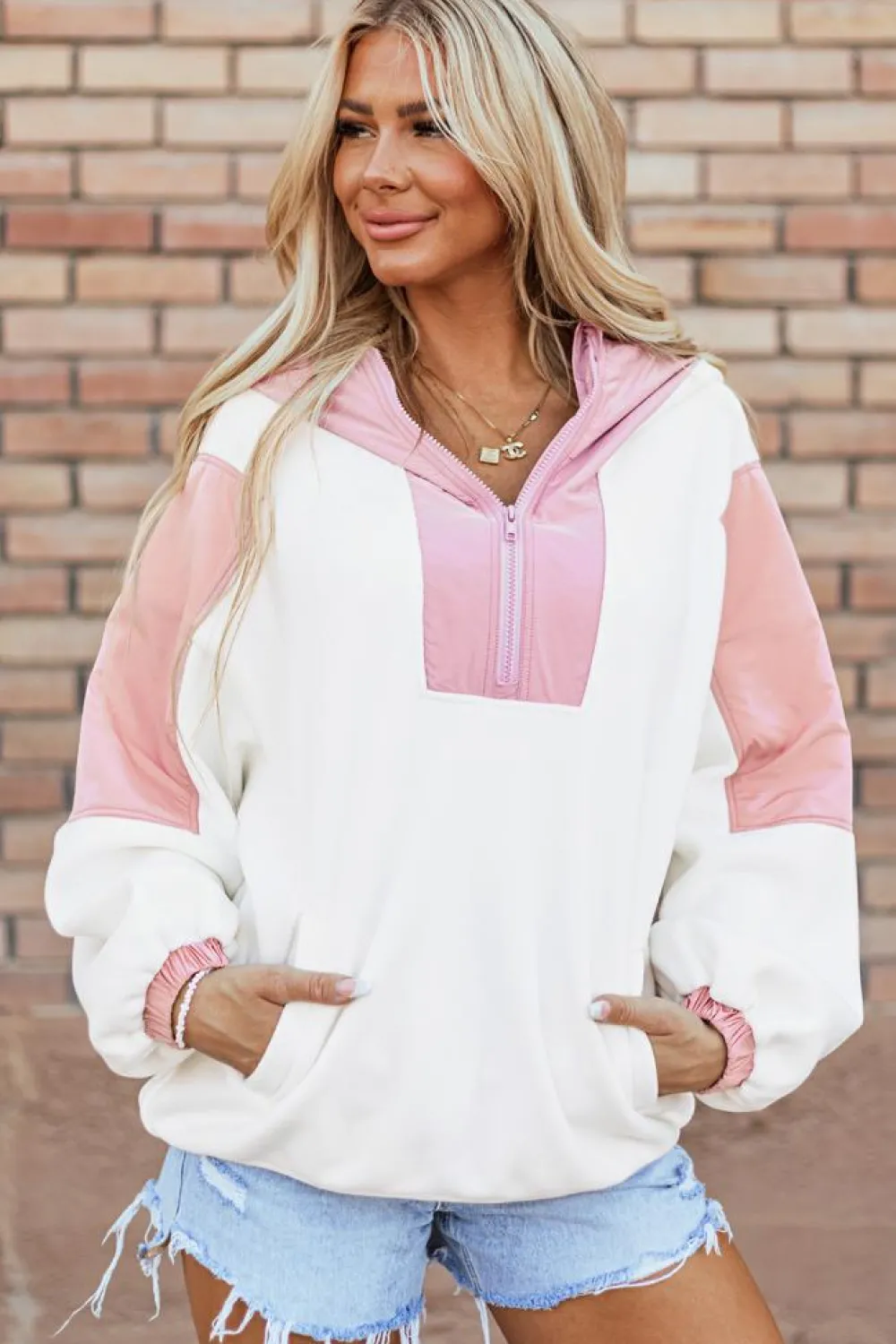 New Dear-Lover Colorblock Patchwork Half Zip Oversized Sherpa Hoodie White