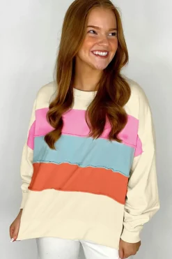 Hot Dear-Lover Colorblock Patchwork Crewneck Drop Shoulder Sweatshirt White