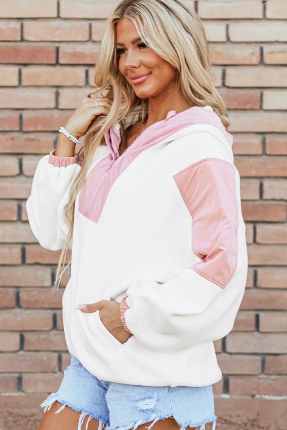 New Dear-Lover Colorblock Patchwork Half Zip Oversized Sherpa Hoodie White