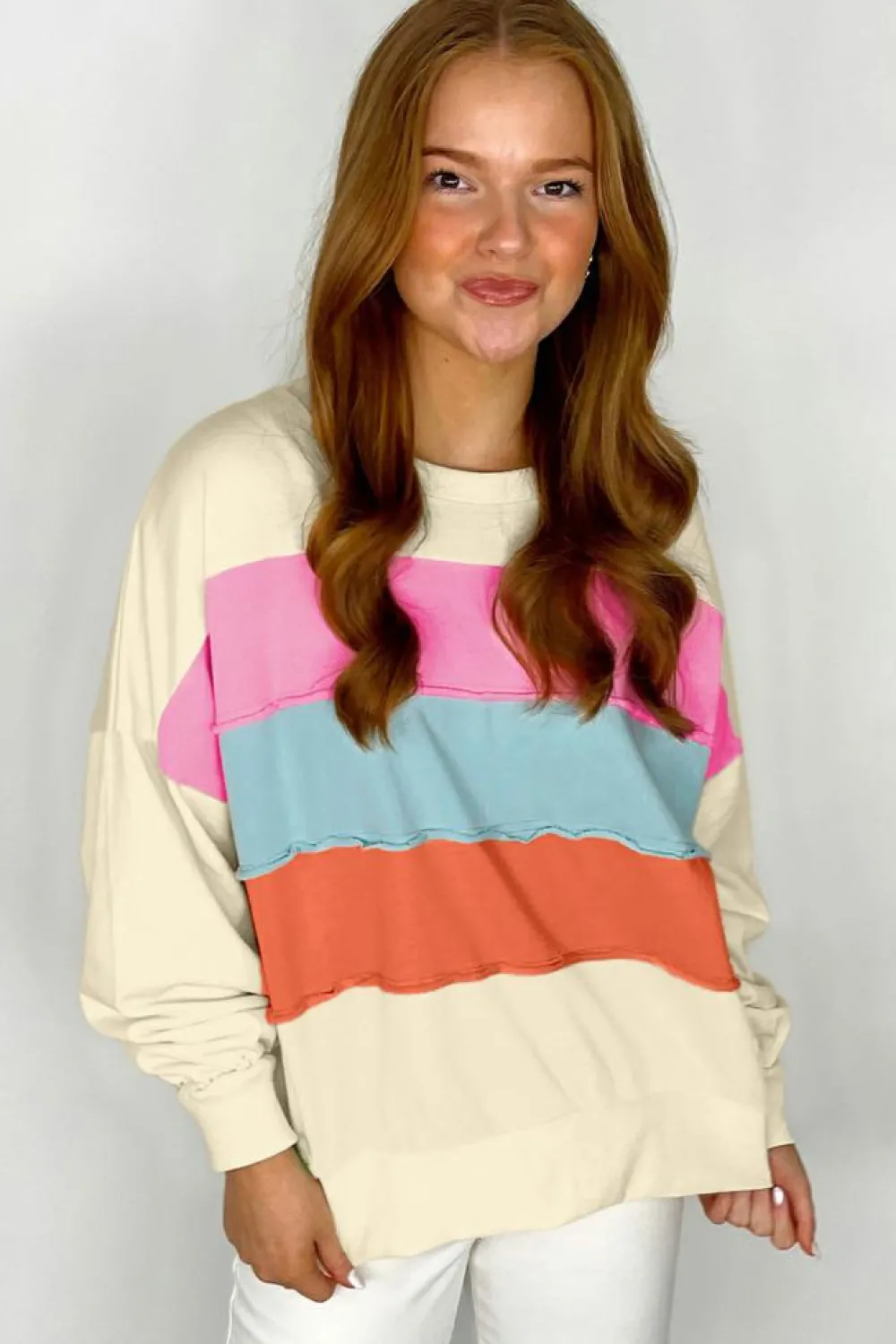 Hot Dear-Lover Colorblock Patchwork Crewneck Drop Shoulder Sweatshirt White