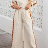 Fashion Dear-Lover Colorblock Ric Rac Trim Sleeve Top and Wide Leg Pants Set White