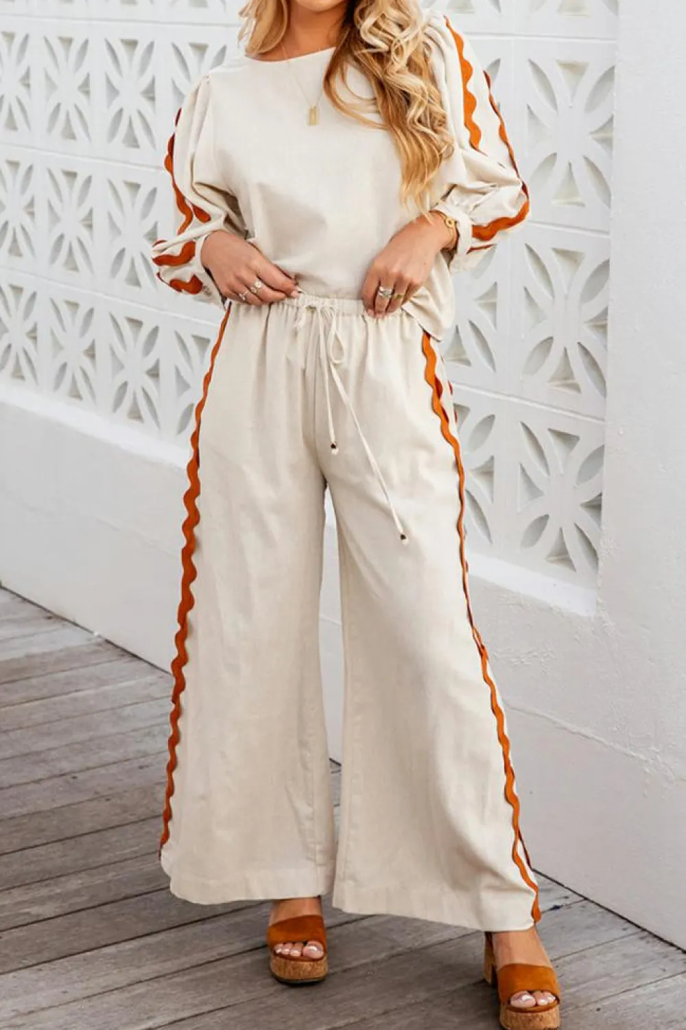 Fashion Dear-Lover Colorblock Ric Rac Trim Sleeve Top and Wide Leg Pants Set White