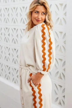 Fashion Dear-Lover Colorblock Ric Rac Trim Sleeve Top and Wide Leg Pants Set White
