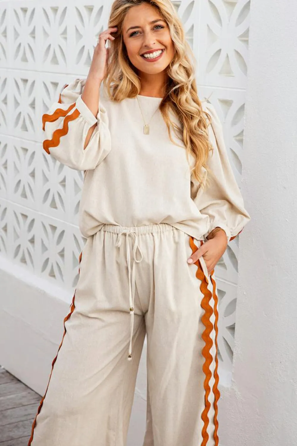 Fashion Dear-Lover Colorblock Ric Rac Trim Sleeve Top and Wide Leg Pants Set White