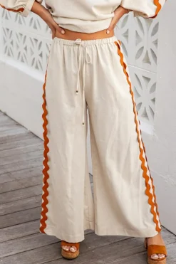 Fashion Dear-Lover Colorblock Ric Rac Trim Sleeve Top and Wide Leg Pants Set White